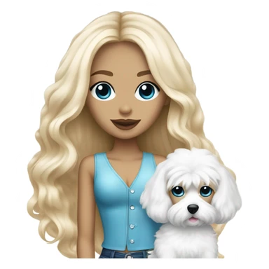 White Cute long haired Blonde and blue-eyed girl fashion nightclub outfit and holding white cavachon dog sticker