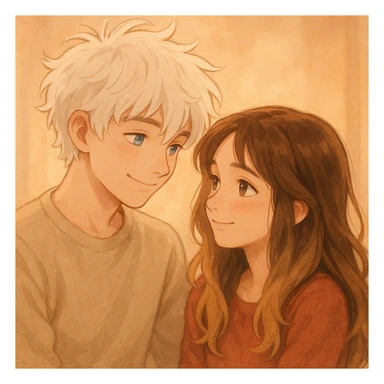 A boy with messy white hair and blue eyes looking at a girl with brunette and blonde hair and brown eyes, both showing affection and warmth. sticker