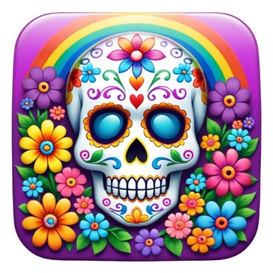 Beveled square shaped psychedelic colored button with day of the dead sugar skull and rainbow colored flowers in the center sticker