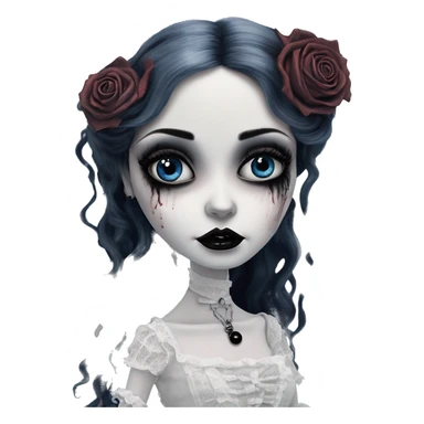 full height tim burton corpse bride, porcelain doll with a cracked face, goth makeup watery huge eyes, long hair, lace and ruffles, lolita style, inked, black and white, red roses sticker