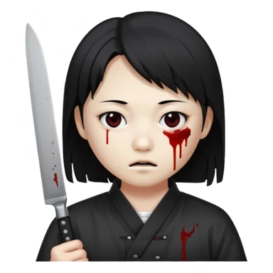 Korean murderer white skin with Asian eyes and holding kitchen knife with black straight hair with also one eye is blind covered with blood sticker
