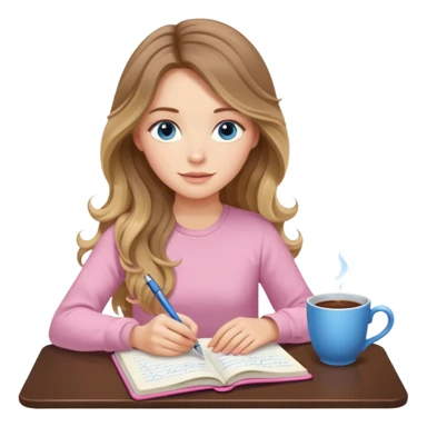 pretty female with long wavy brown hair with blonde highlights and blue eyes writing in a relaxed position in a pink journal with a cup of tea sticker