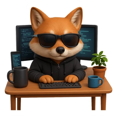 Make the fox realistic, a fox programmer hacker wearing a hoodie and glasses, sitting at a computer. Style: emoji style, no text, transparent background. sticker
