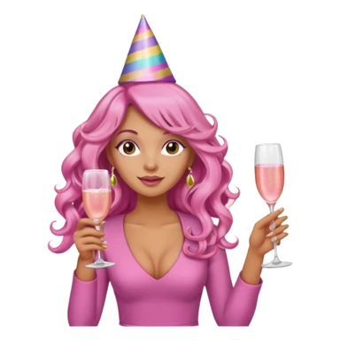 One lady with long pink curled hair and tan skin holding a glass of  pink champagne in each hand sticker