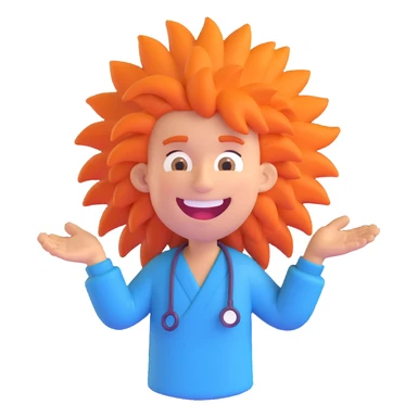 discord role icon for a psychiatric clinic, hilarious patient character with wild hair, big smile, and funny pose, very comical and lighthearted, 3D style, color #6fe8f3 sticker