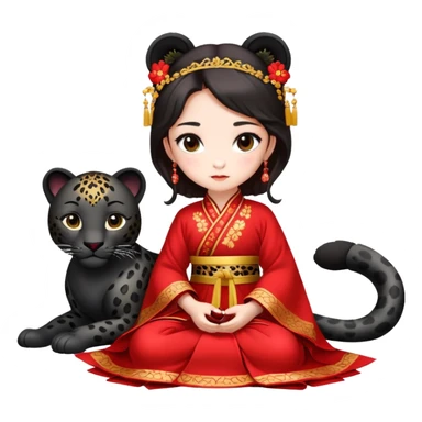 A beautiful girl in red Hanfu wedding dress sits on the ground holding a black leopard sticker