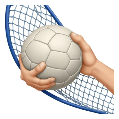 A close-up of a hand gripping a handball, with the handball gates visible in the background. The focus is on the texture of the ball and the strength of the grip, with the goal net slightly blurred to emphasize the anticipation of the throw. sticker