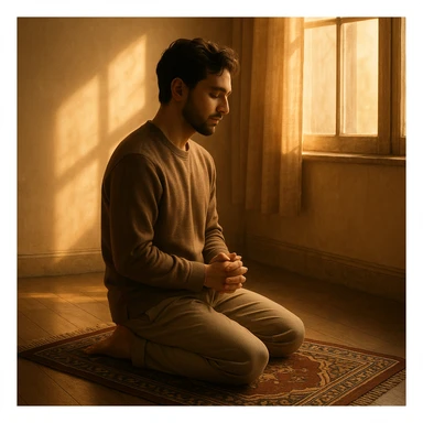 a calm individual kneeling on a decorative prayer mat, hands folded, with warm light from a window creating a serene atmosphere sticker