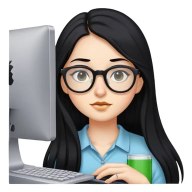 Girl with long black hair, glasses, nostril piercing, and a computer sticker