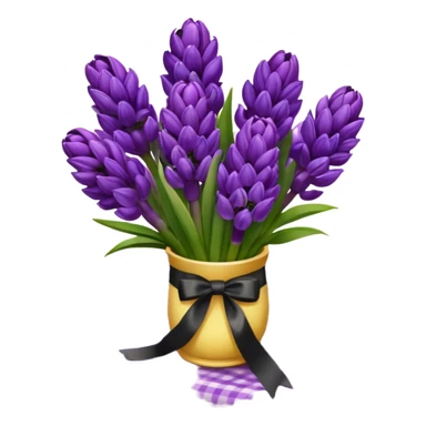 A lush bouquet of bright prple color Hyacinths black satin ribbon, resting on an antique wooden table, with a pale yellow and pink plaid pattern table cloth sticker