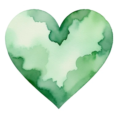 minimalist watercolor heart icon, monochromatic green washes, soft bleeding edges, on textured white paper, serene and emotional, perfect for app icon, transparent background, flat lay --style raw --stylize 150 sticker