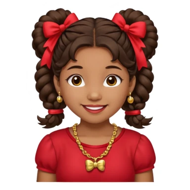 Brownskin girl dark brown hair fluffy. pigtails with red bows brown eyes smiling closed mouth red shirt gold esrrings gold necklace sticker
