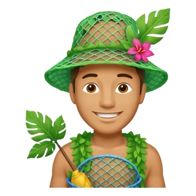 Hawaiian man with leaf hat and big trash net and colorful cloth sticker