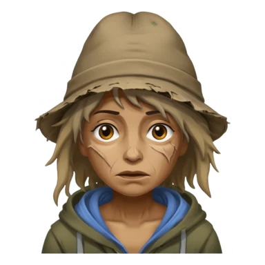 very dirty looking homeless woman with ripped hat with ugly hair sticker