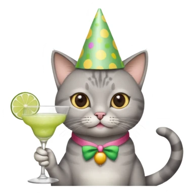A grey cat is wearing a party hat, and drinking a margarita. sticker