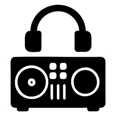 A DJ setup in a black filled icon style, with headphones. sticker