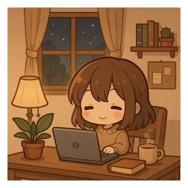 Add a laptop on the desk in front of the chibi girl, keeping the cozy desk scene atmosphere. sticker