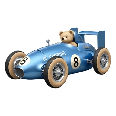 Metallic blue and lightly chrome-accented Antique-looking  kid-sized race car for teddy bear with custom aero body and rear wing sticker