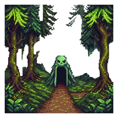 pixel art of a haunted forest with shadowy witches, cursed coven theme sticker
