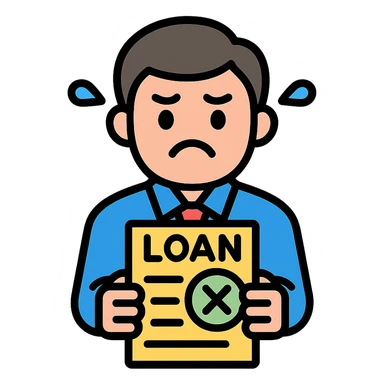 man committing loan perjury, looking nervous, holding fake documents sticker