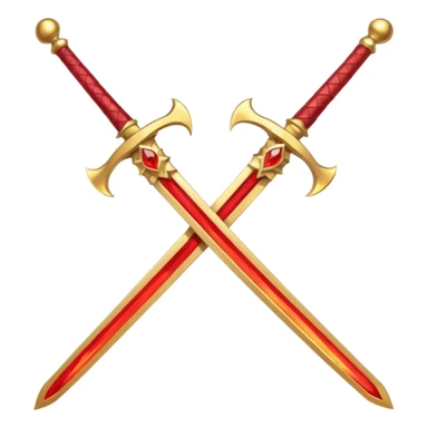 Two crossed swords that are golden in blade and handle and have fiery and royal appearence to them as well as red gem stones sticker