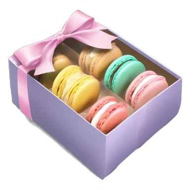 Realistic flat transparent clear take away food box with pastel macaron cookies inside the box with ribbon bow tied around the box. sticker