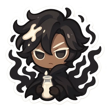 Shadow Milk Cookie as a chibi character, with exaggerated cute features, shadow tendrils, and milk accents sticker