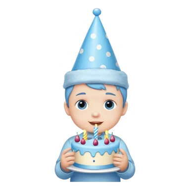 cute baby boy with pastel blue birthday hat and blue cake sticker