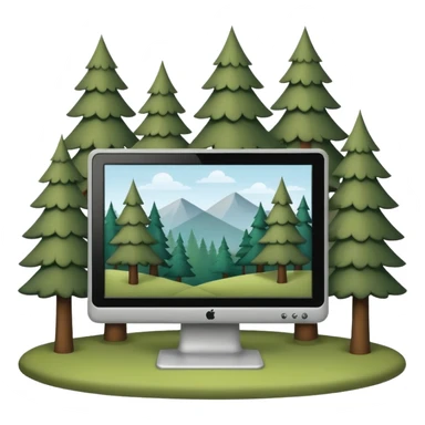 Minimalistic flat vector icon, iOS style, thin black contour on white background. Computer monitor with a simple forest scene on the screen (trees, minimal landscape). Clean, no text, no shadows sticker