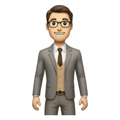 To belt Actively gesturing with hands Pale skinned fit man teacher with dark brown hair in gray jacket, beige office shirt, brown tie, brown pants and vintage glasses. sticker