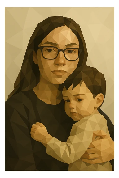 Transform the image into a polygonal style illustration of a brunette woman with glasses and her child, with a neutral background, inspired by the reference image style. sticker