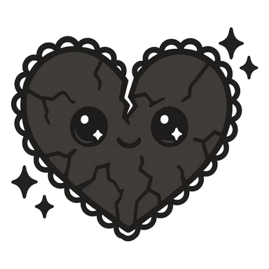 black gothic heart, shattered, ornate, dark, elegant, kawaii style, with cute sparkles sticker