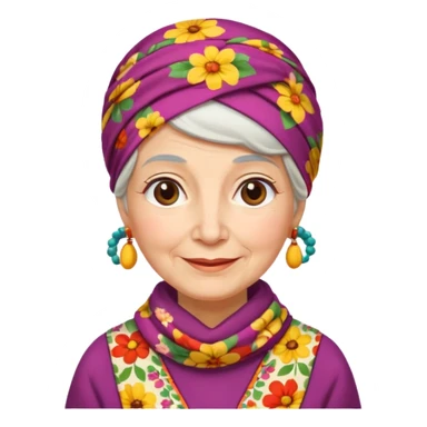 A kind old Russian village grandmother emoji — elderly woman wearing a bright floral headscarf tied under her chin, colorful patterned dress, warm smile, simple rural look. Flat minimal emoji style, clean Apple-like design. sticker