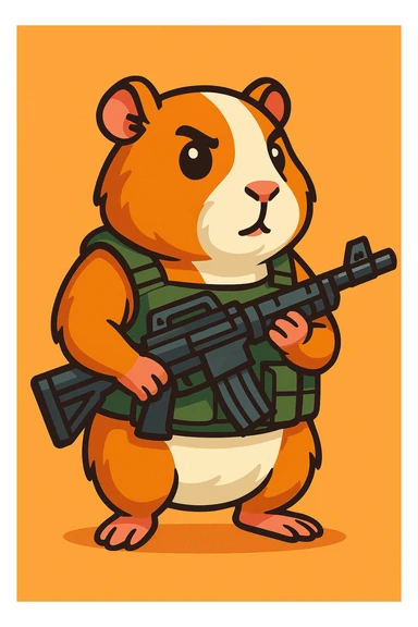 full-body guinea pig in a tactical vest, holding a rifle, cartoon style, detailed sticker