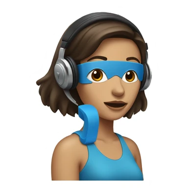 brunette woman with headphones. left eye brown and right eye blue sticker