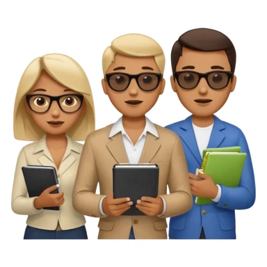 Команда в костюмах из трёх человек. на переднем палне Мужчина впереди общается по смартфону, дальше женщина слева стоит с ноубуком, мужчина справа держит бумаги. У всех людей разные, но позитивные эмоции. Все троя в солнцезащитных очках sticker