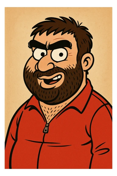 Recep İvedik, Turkish comedy character, recognizable with thick eyebrows, beard, red tracksuit, humorous expression, cartoon style sticker