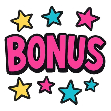 the word BONUS in large letters, all the same vibrant color, surrounded by stars, no background or sign behind, just the letters and stars, vibrant cartoon style sticker