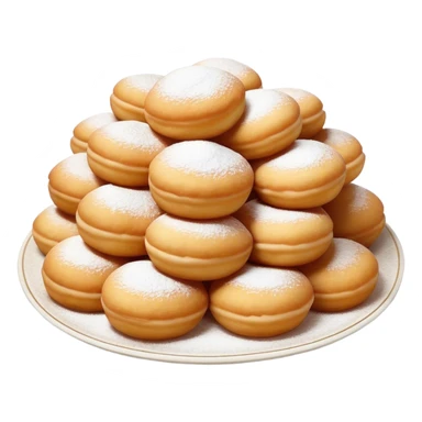 Cinematic Realistic image of simple round buñuelos, depicted with a lightly crisp, golden exterior and soft, airy interior, dusted with a subtle layer of powdered sugar and set against a rustic backdrop with warm, inviting lighting. sticker