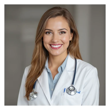 realistic female doctor, smiling, white coat, stethoscope, neutral background sticker