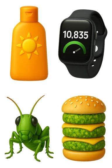 emoji stile iphone di una boccetta di CREMA SOLARE, UNO SMARTWATCH CONTAPASSI, UN GRILLO, UNA TORRETTA DI HAMBURGER FATTI CON I PISELLI, IPERREALISTICO 4K sticker