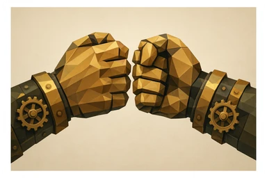 two mechanical hands in a steampunk style giving a fist bump, gears and brass details, vintage industrial look sticker