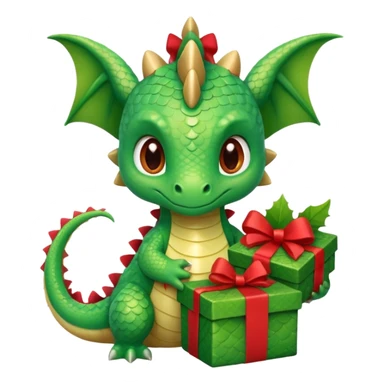 a cute baby dragon is holding a carton gift with red ribbon sticker