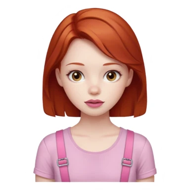 Redhead girl with deep brown eyes, pale skin with light red lips wearing a pink strap shirt sticker