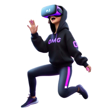 Russian girl wearing black hoody with violet letters "OMG", in vr headset oculus quest2. jumping. Cyberpunk style. Violet neon. sticker