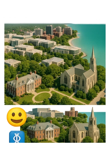 cinematic realistic emoji of Evanston, Illinois, city view with Northwestern University campus, Lake Michigan shoreline, downtown Evanston, Sigma Chi International Fraternity Headquarters building, and Levere Memorial Chapel (Sigma Alpha Epsilon HQ), lifelike detail, accurate colors, bright daytime, no sky, no clouds, transparent background sticker