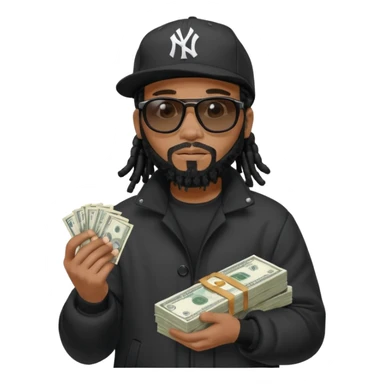 African American man with shoulder length black dreadlocks with black beard wearing black sunglasses wearing a black New York Yankees logo baseball Cap wearing a black bubble winter coat counting money in his hand sticker