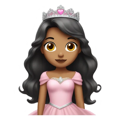 Princess with halo with tan skin tone with long black hair with bang with silver pink heart tiara and pink dress sticker