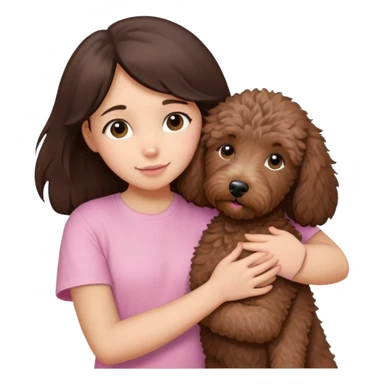 One girl with medium long dark brown hair dressing baby pink T-shirt, hugging One little brown coated labradoodle. sticker