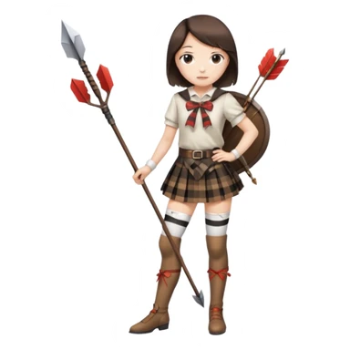 A Japanese girl wearing white thigh highs, plaid brown and black skirt that’s up to knees, arrow and bow in hand that’s labeled “DIANA”  sticker